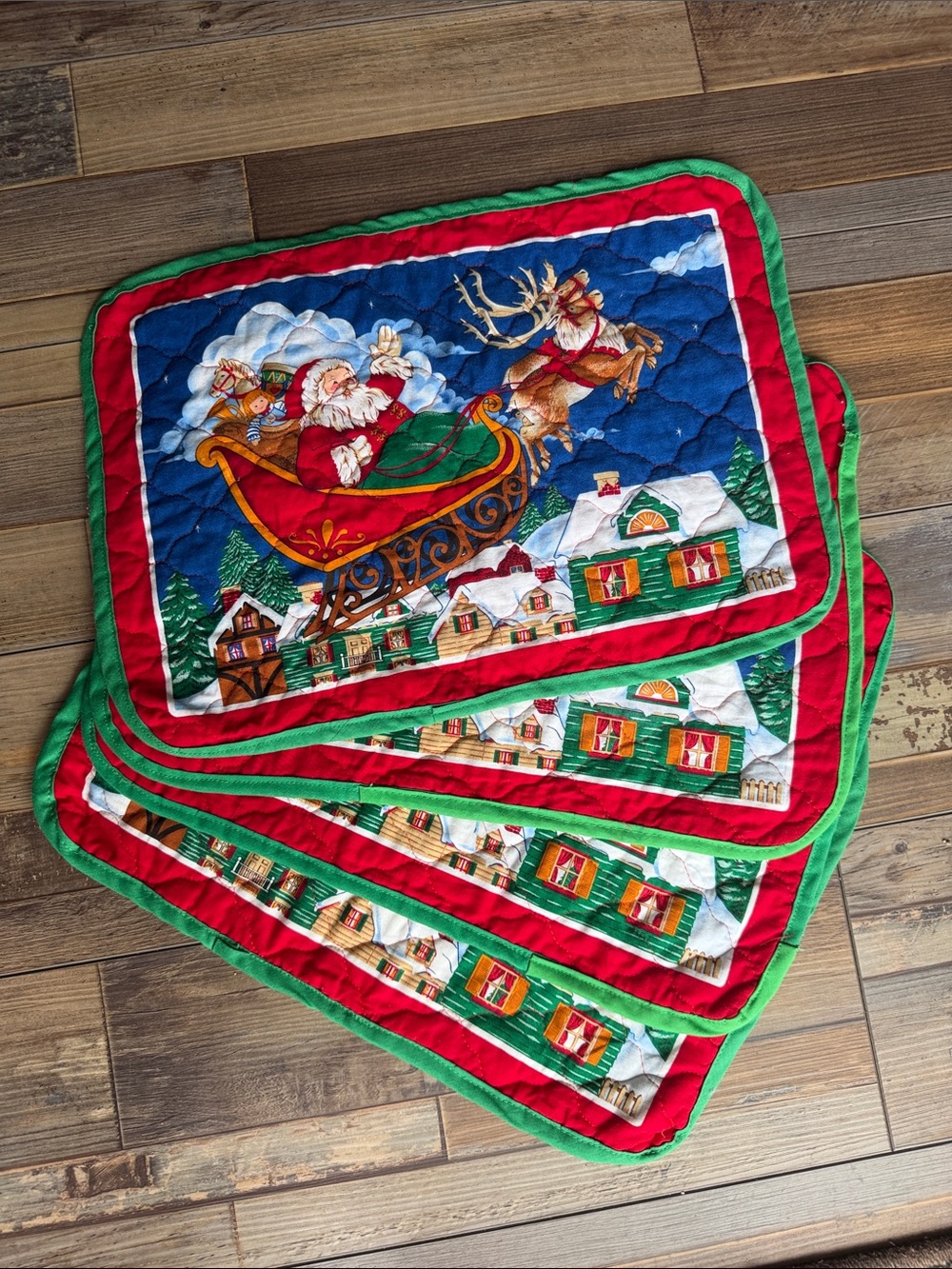 Handmade Holiday Santa Sleigh Quilted Placemat Set of 4 Granny Core